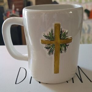 Rae Dunn White Mug with Gold Cross and Green Wreath Accents